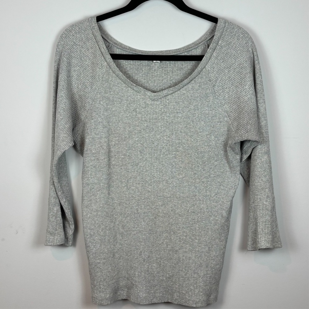 Uniqlo Womens Grey Thermal V-Neck Cotton 3/4 Sleeve Tee Large Outdoors Fall Warm